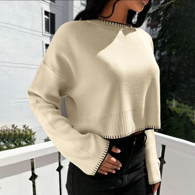 

High Waist Contrast Sweater Women's Early Autumn 2025 Loose Short Pullover Commuter Sweater