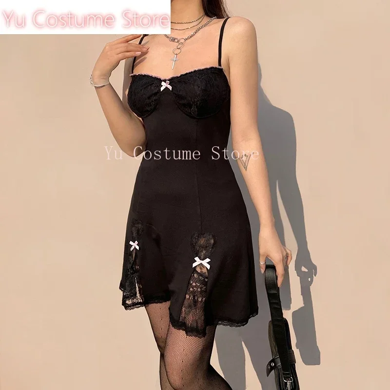 

Black Gothic Lolita Style Mini A-line Dress for Women Lace Trim Sleeveless Neck Dresses with Bow Y2K Aesthetic Grunge Yu Costume