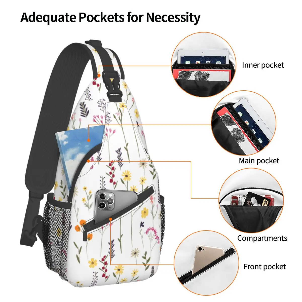 Pretty Flowers Floral Sling Bag Chest Crossbody Shoulder Backpack Travel Hiking Daypacks Pattern Bag