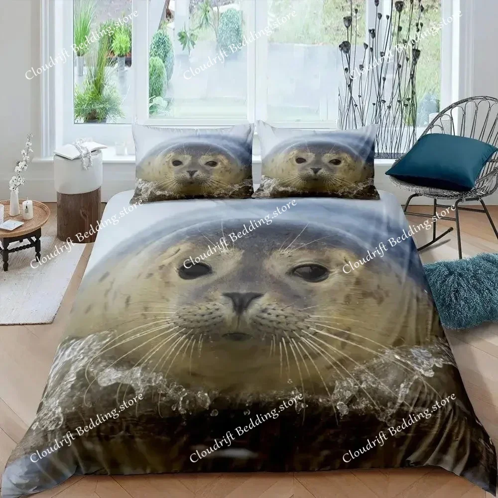 

Seal Duvet Cover King Size Lovely Swimming Seal Bedding Set Cute Ocean Exotic Style Marine Life Polyester Comforter Cover