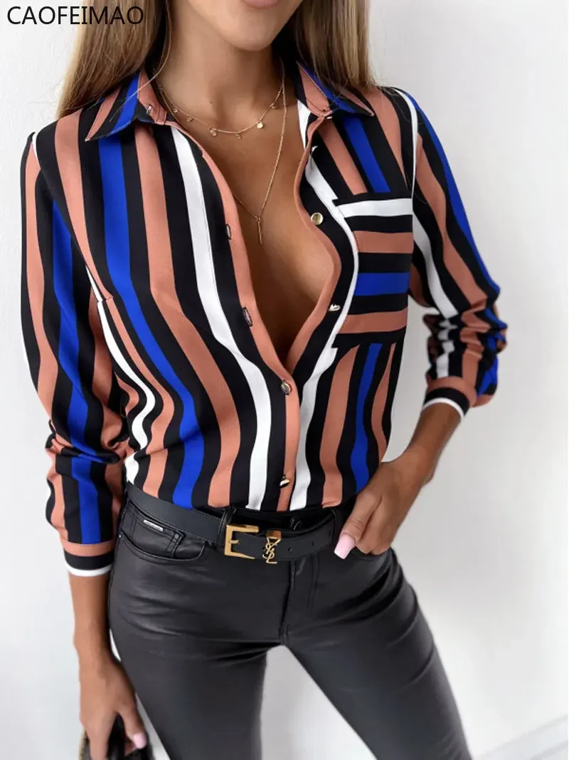 

긴팔 셔츠 Women's Casual Printed Shirt, Elegant Office Top, Long-sleeved T-shirt With Fashionable Buttons, 2023 Women's Shirt рубашк