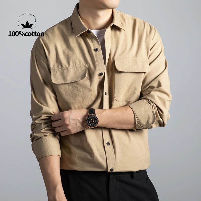 100% Cotton, Men's Workwear Style Breathable, Sweat-wicking Long-sleeve Shirt with Chest Pocket Design.Casual Daily Shirt.