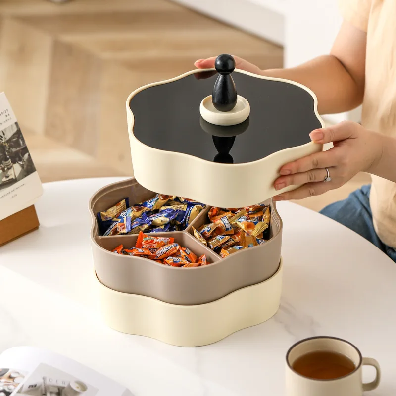 

Cream air-dried fruit plate Home living room High-value New Year's snacks Multi-layer grid storage Rotating nut candy box
