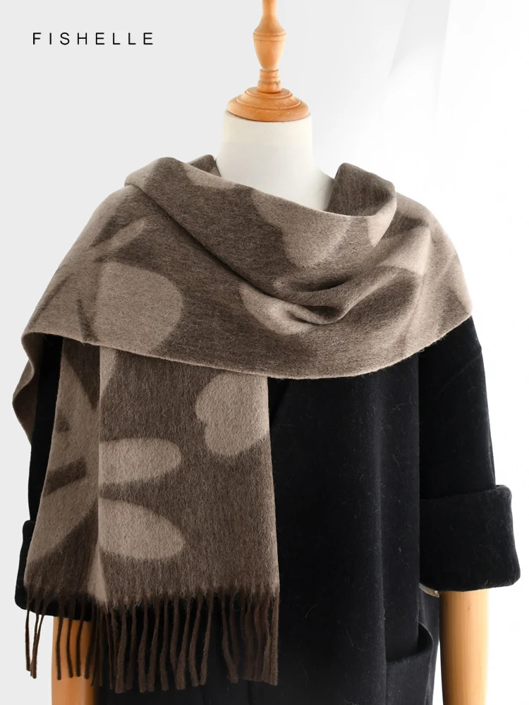 New coffee jacquard 100% wool scarf winter luxury gifts for women's shawl soft warm wraps neckerchief fashion accessories