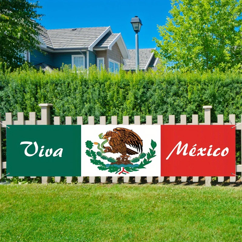 Viva Mexico Outdoor Fence Banner - Mexican Patriotic Independence Day Decoration，With Eagle and Snake Emblem，Vibrant green、White