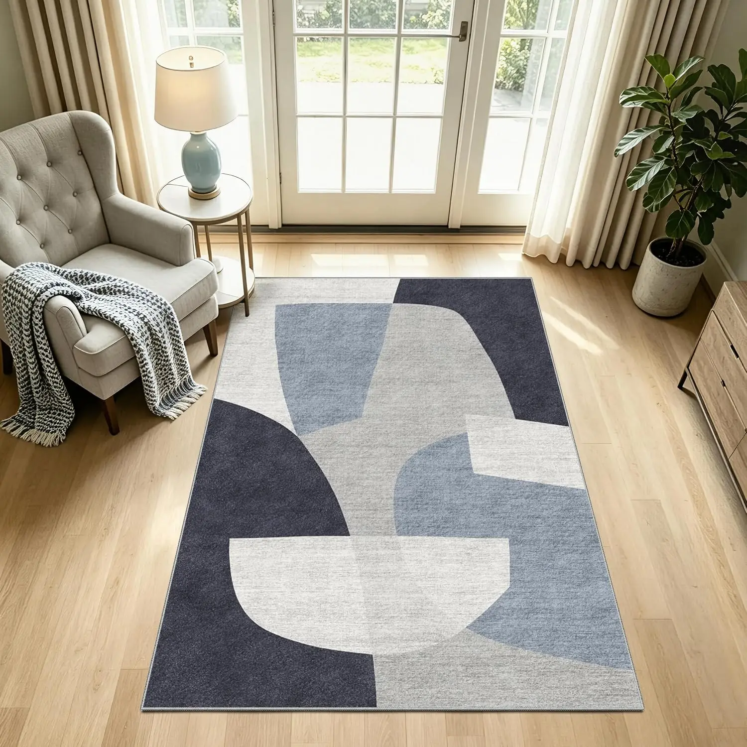1pc 2D Flat Modern Blue Grey Abstract Geometric Printed Floor Mat, Decorative Rug for Living Room, Bedroom, Office, Home Decor