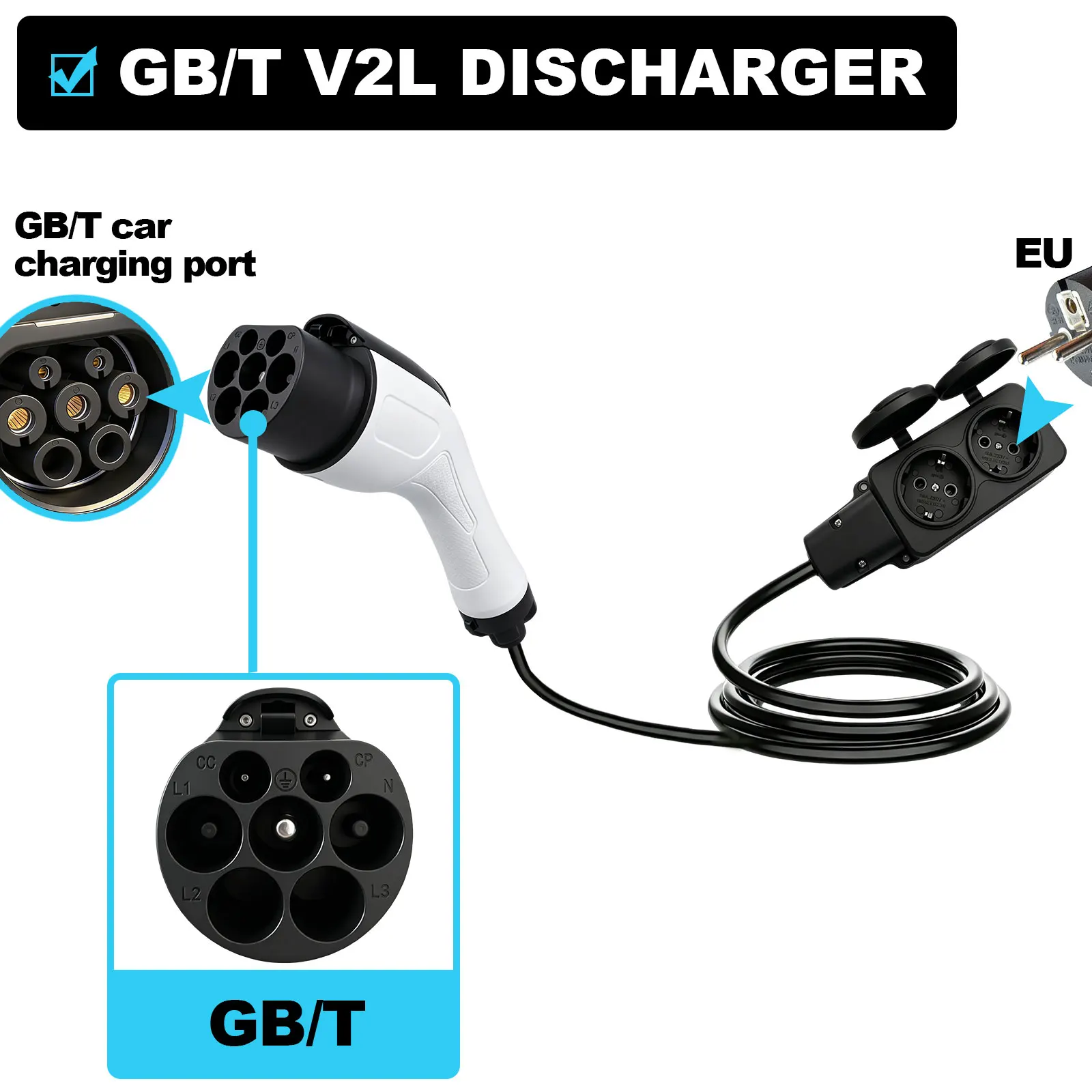Adattatore di scarica EV GB/T con cavo da 1/3 di metro per BYD, Xiaomi Auto, ZEEKR, XPENG, Li Auto, GBT, richiede supporto funzione V2L per uso in campeggio