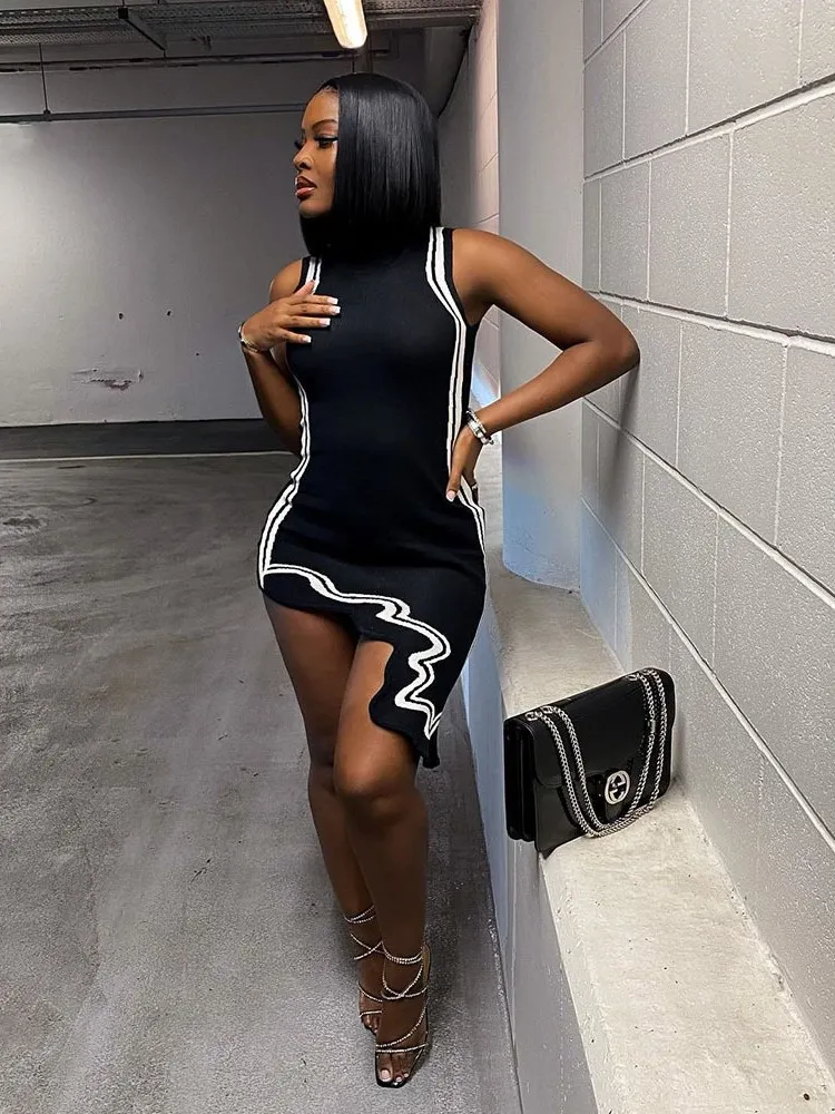 

Women's Striped round Ne Svel Knit Dr Street Sle Patchwork Elastic Waist Summer Dr A-Line Silhouette