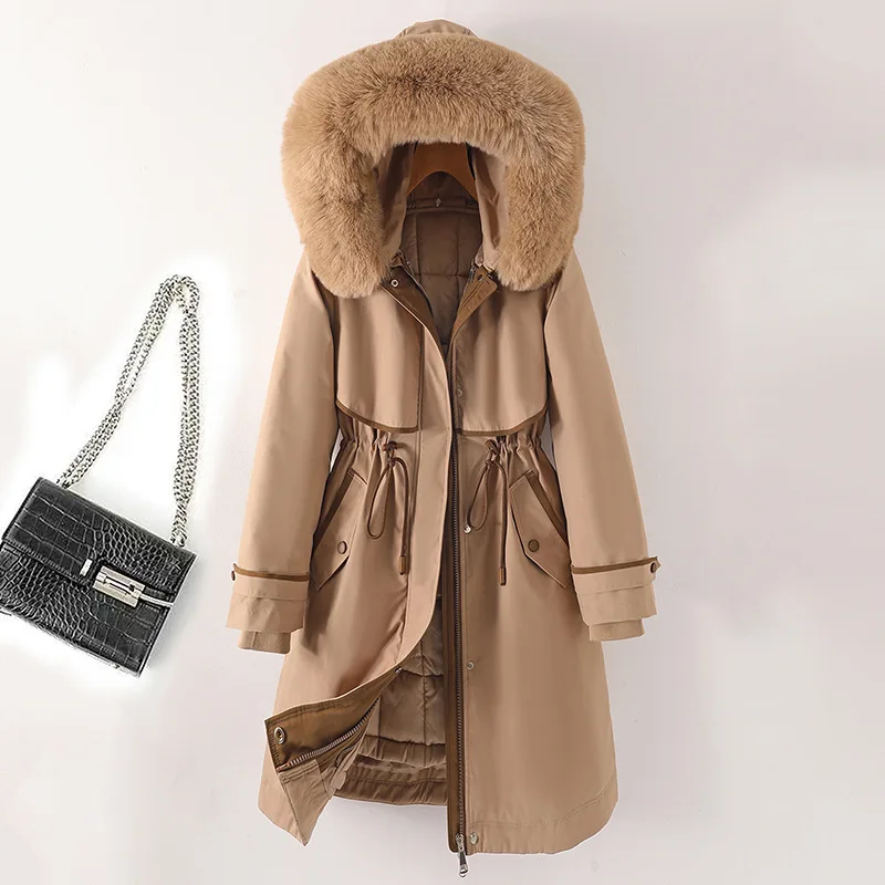 Women Mid Lenth Parkas Coat Hooded Overcoats Solid Zipper Drawstring Waist Detachable Loose Thick Office Lady Casual Winter 2025