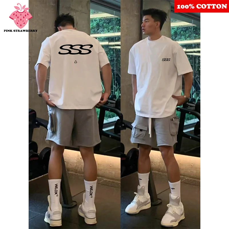 

American Street S Letter Print T-shirt Men Summer 2025 New 100% Cotton high quality Short sleeves Gym Loose T-shirt Y2k Top Men