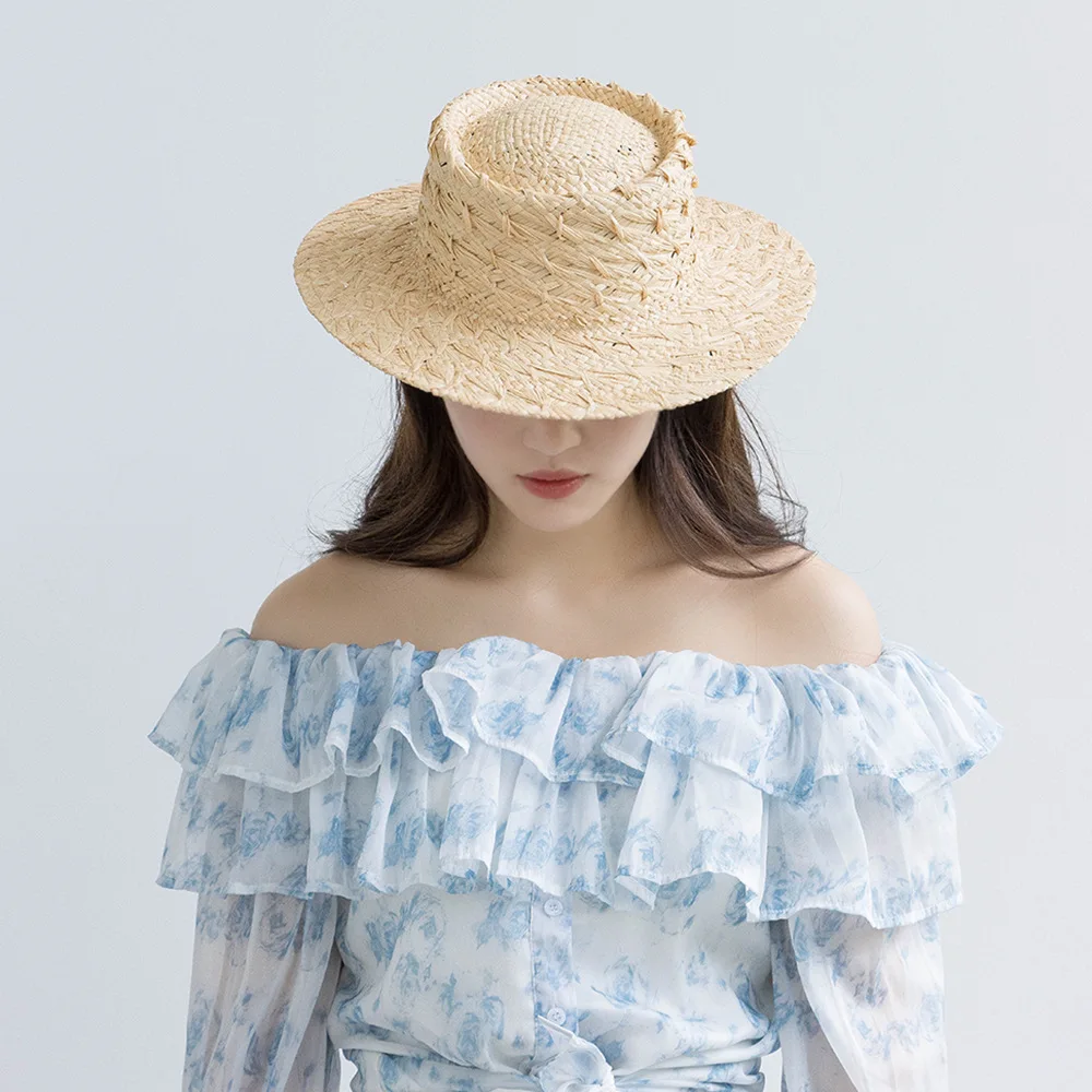 Wiosna i lato Nowa moda Casual Ręcznie dziergany wzór Płaski kapelusz z szerokim rondem Słomkowy kapelusz na zewnątrz