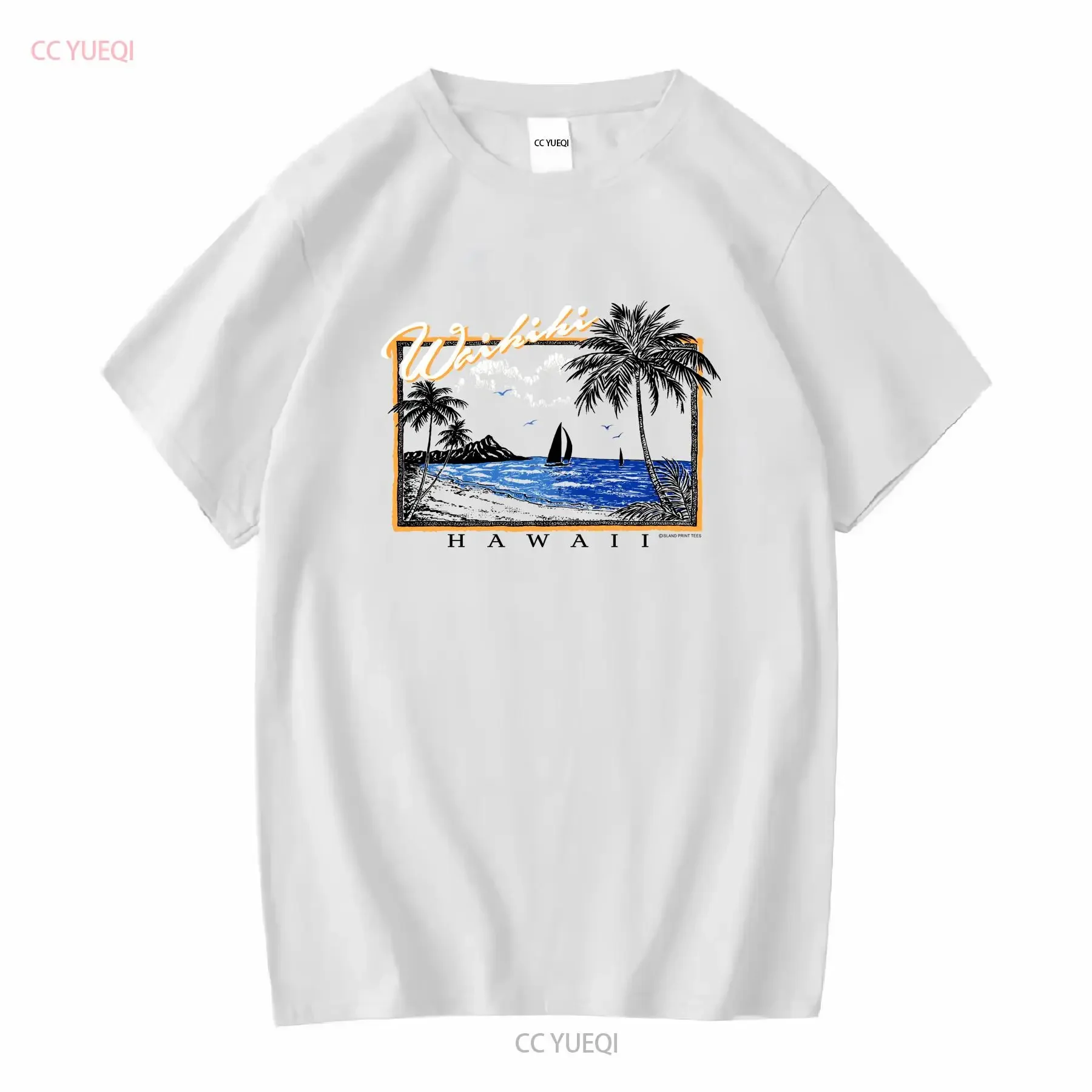 Vintage Waikiki Hawaii Island Print T Shirt Quali Shrit Vaporwave Large vintage Washed Breathable Top For Everyday Wear Unisex