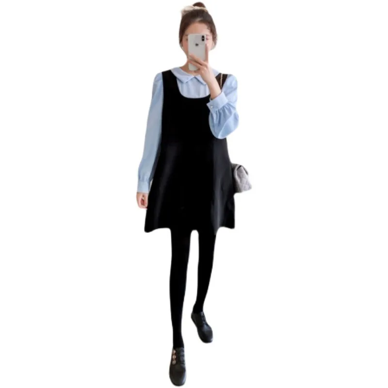 

Korean Style Maternity Clothes Set for Autumn Peter Pan Collar Long Sleeved Shirts Leggings Pregnant Women Dress Suits Twinset