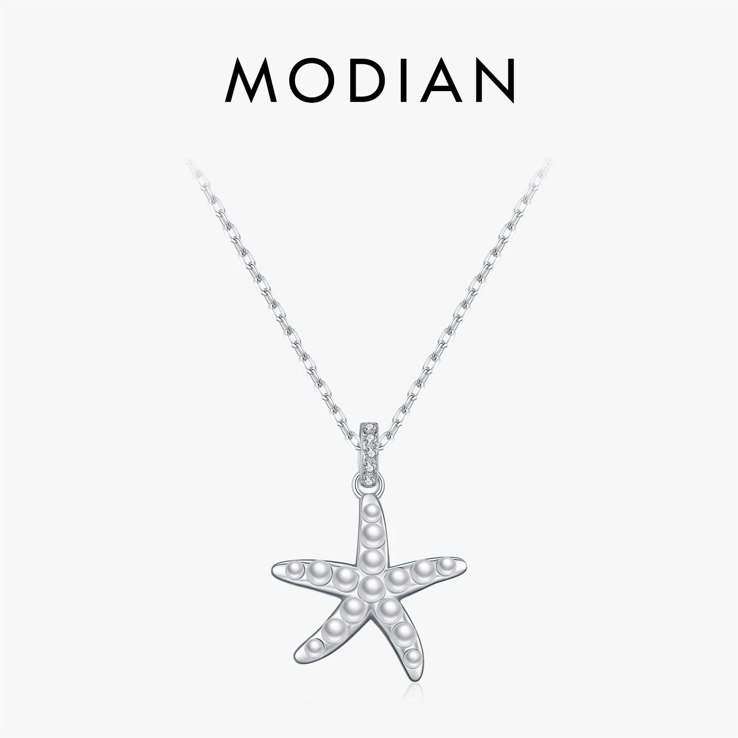 MODIAN 925 Sterling Silver Elegant Simulated Pearls Starfish Pendant Necklace Fashion Link Chian Necklaces For Women Jewelry