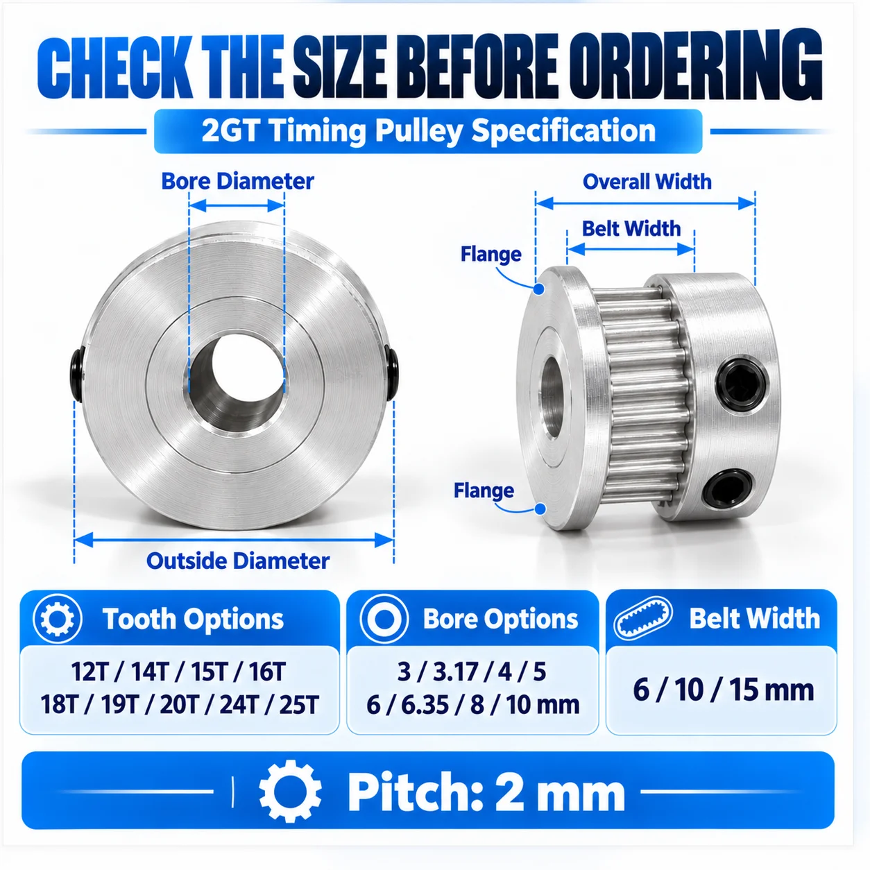 2GT Pulley 14T 15T 16T 17T 18T 20Teeth GT2 Timing Belt Pulley Bore 3/3.17/4/5/6/6.35/8mm Belt Width 6/10/15mm Synchronous Pulley