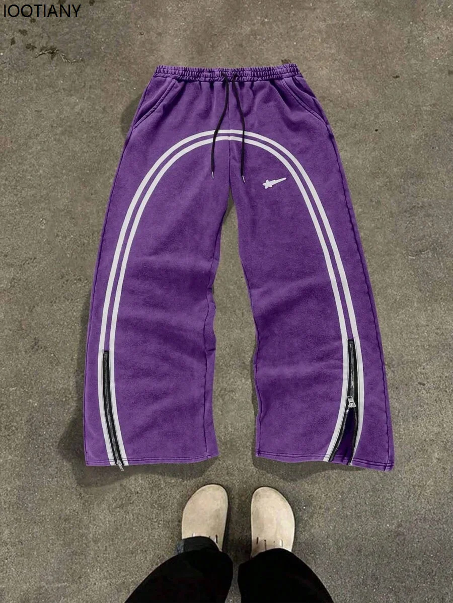 American New Trend Striped Side Zipper Design Elastic Waist Wide-Leg Pants Men's Y2K Harajuku Hip-Hop Joker Casual Sweatpants