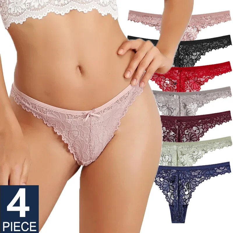 

4PCS/Lot Sexy Lace G-String Panties Women Thong Breathable Low Waist Fashion Women's Hollow Embroidered Underwear Lingerie