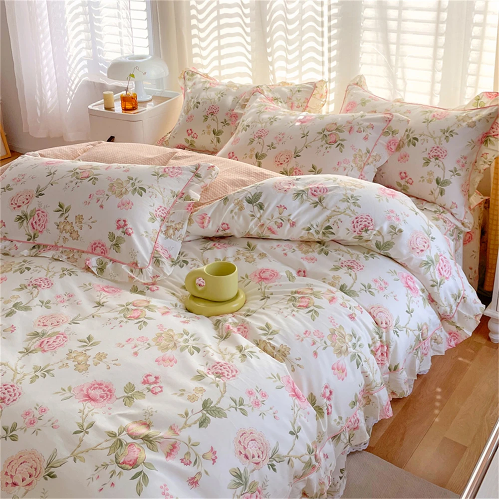 100% Cotton Korean Duvet Cover Flower Printed housse de couette Bed Cover with Ruffles Comforter King Quilt Covers No Pillowcase