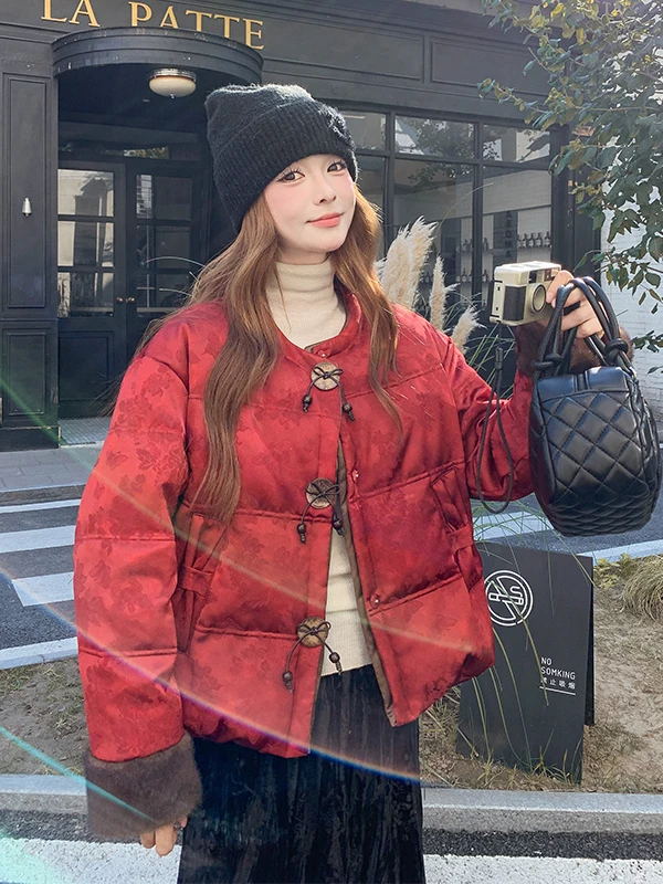 

Пушистая короткая женская пуховая куртка в ретро-национальном стиле, Зима 2026, Новинка, Красивая, Теплая, Стройнящая верхняя одежда