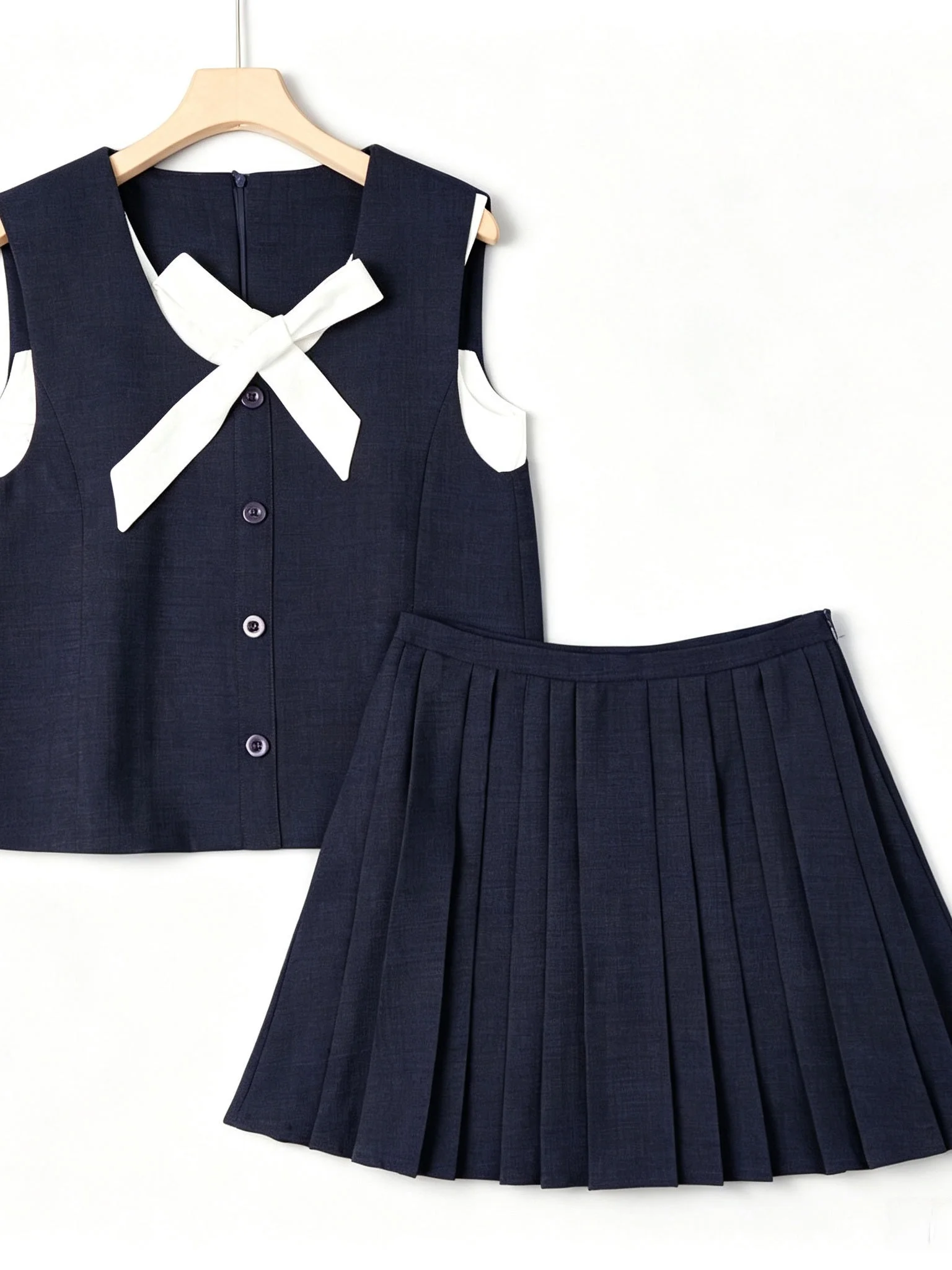 Summer  Knot Sleeveless Vest And Pleated Skirt Set Women's Fashion High Waist Anti-Wrinkle Regular Fit Two-Piece Suit