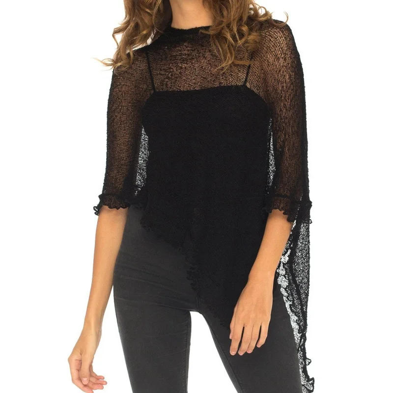 สตรี Sheer Poncho Shrug ถัก Bolero Pullover ไม่สมมาตรตาข่ายผ้าคลุมไหล่ Y2k Going Out Travel Cover Up
