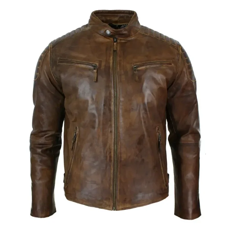 

Mens Leather Jacket Vintage Biker Moto Biker Coat Distressed Fashion Outwear