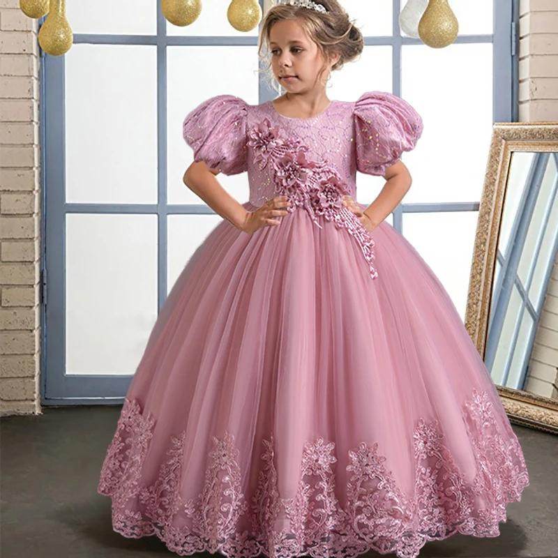 New mesh flower girl bubble sleeve wedding banquet girl formal evening dress Christmas birthday party girl princess dress