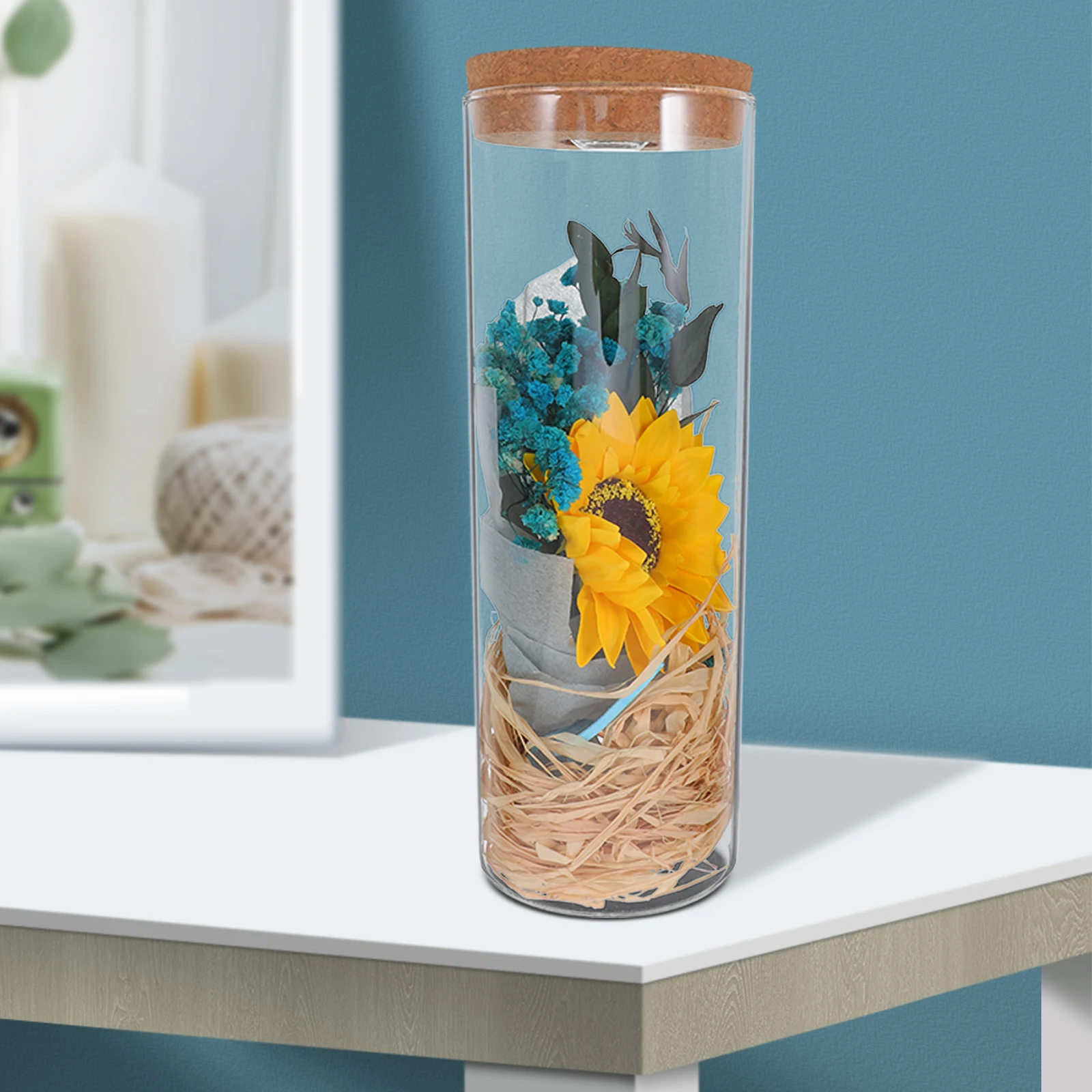 

Preserved Flower Bottle Luminous Decor Yellow Sunflower Artificial Flower Gift For Home Wedding Party Romantic Decoration