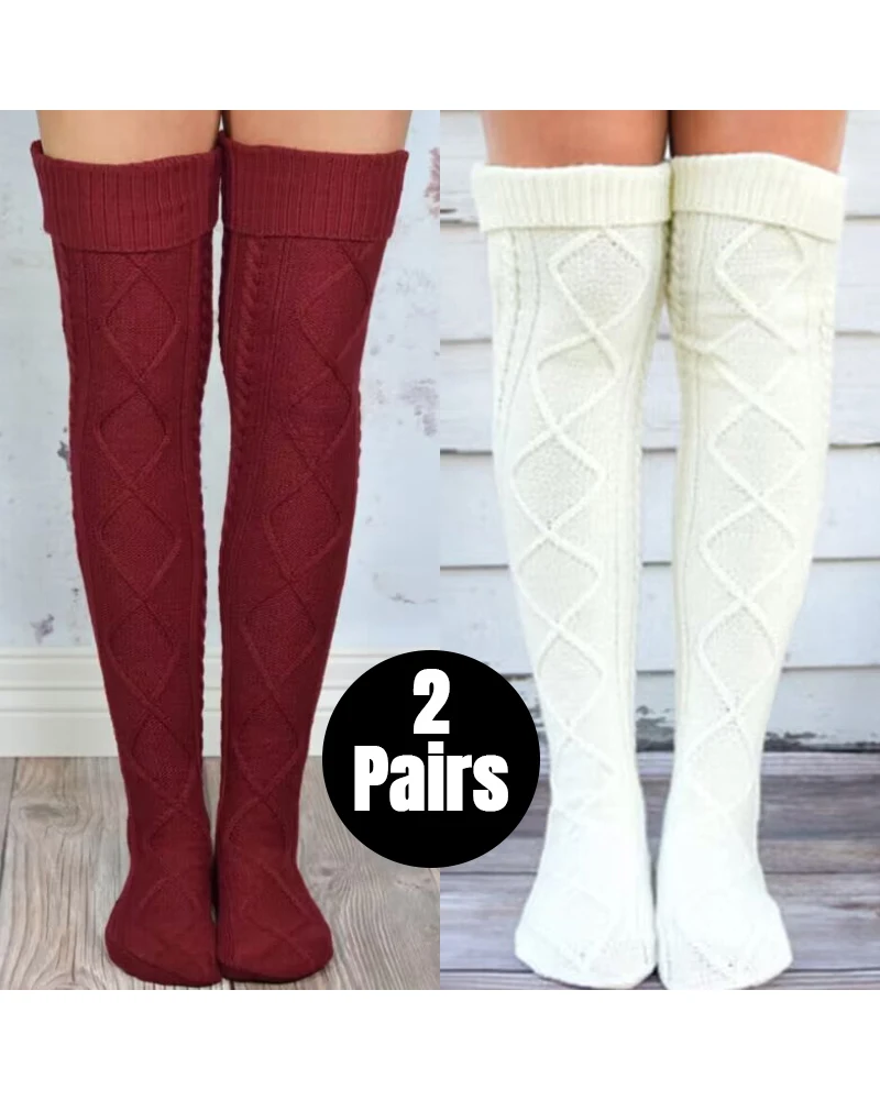 

2Pairs Cable Knit Thigh High Boot Socks Over The Knee Winter Stockings Leg Warmers