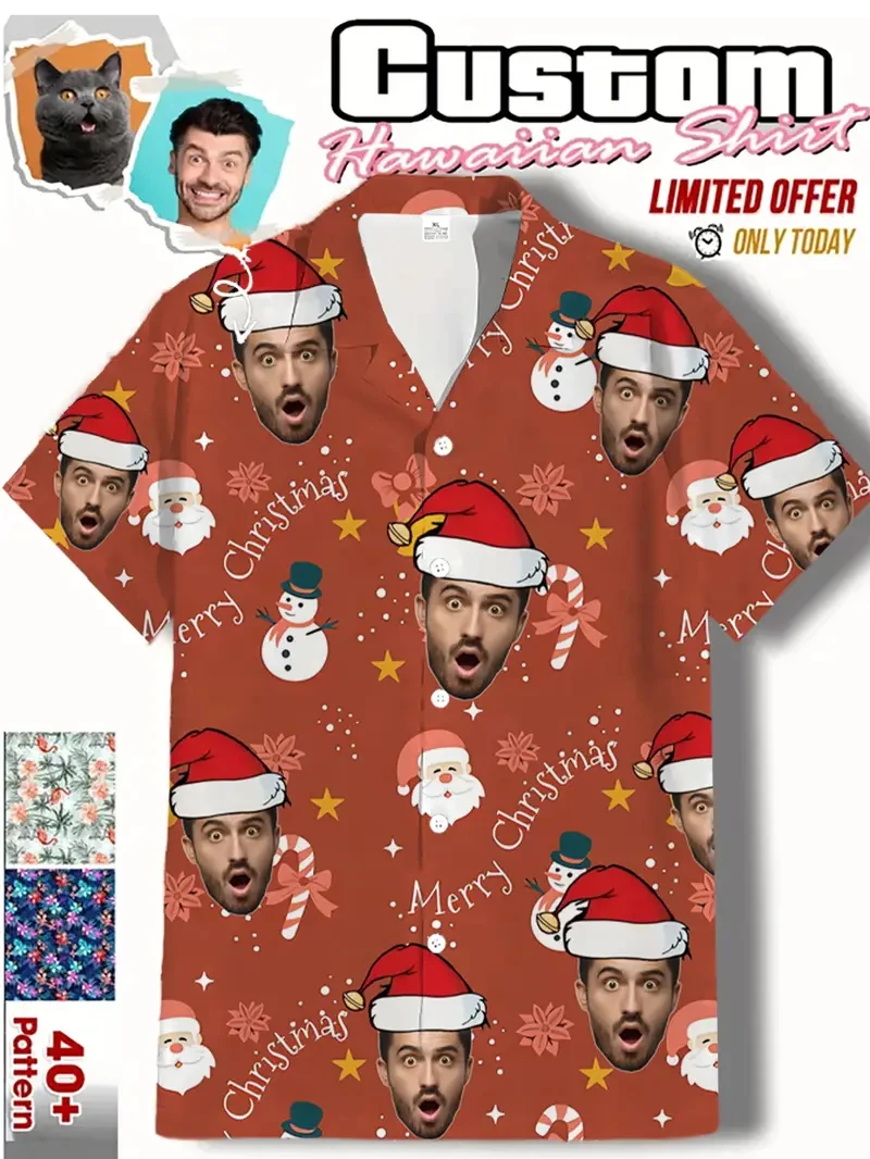 الكرتون عيد الميلاد قبعة مخصصة Diy بها بنفسك الوجه الجرافيك الرجال قصيرة الأكمام التلبيب قميص بلايز زر عيد الميلاد قمصان عطلة اليومية الإناث البلوزات #6