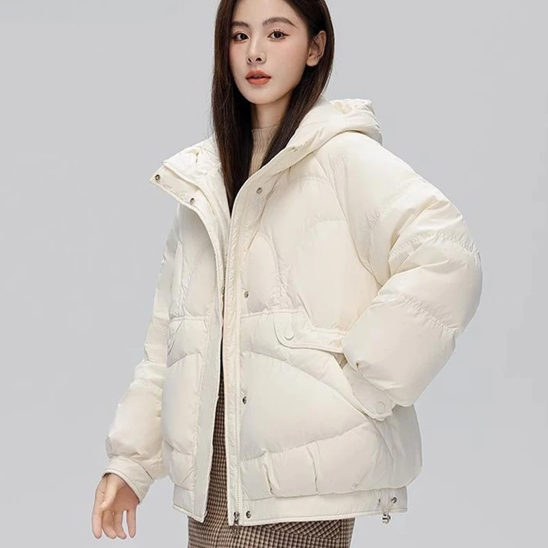 

2023 Winter 90% White Duck Down Jacket Women's Loose Pocket Zipper Short Down Jacket Solid Color Thicken Warm Hooded Down Jacket