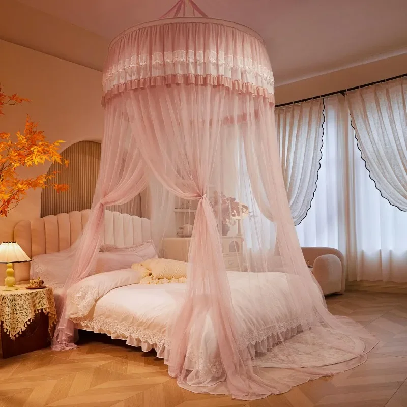 Princess Style Dome Ceiling Floor Mosquito Net with Lace Trim Summer Thickened Mesh Mosquito Net Home No Installation Bed Canopy