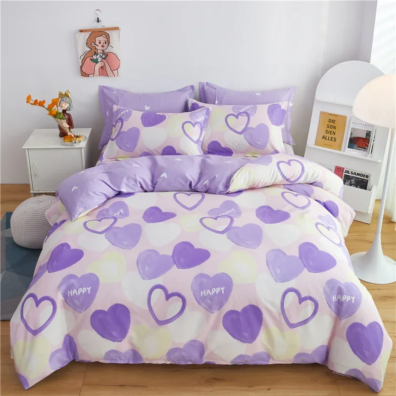 Purple Love Cotton Duvet Cover Heart Shaped Bedding Sets,Reversible Comforter Covers for Women Men Girls Teens Kawaii Room Decor