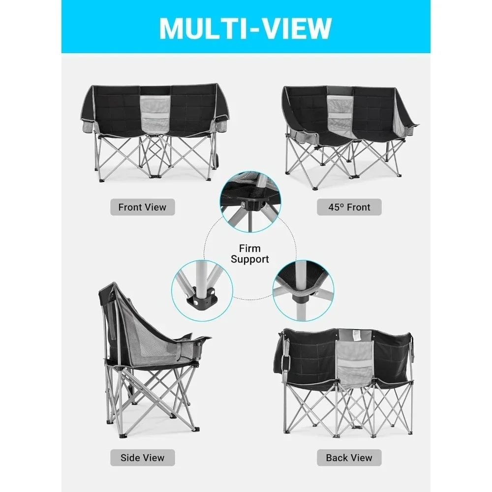 Two-seater Sofa Outdoor Chair Oversized Tandem Camping Chair for Outdoor Picnic Beach Trips Portable Folding Chairs Black/grey