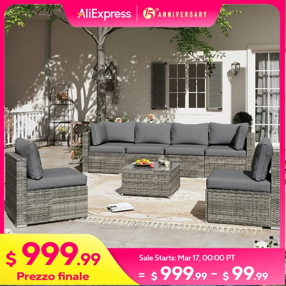 Outdoor Sofa Sets, with Cushion and Glass Coffee Side Table , 7 Piece Outdoor Rattan Sofa Set