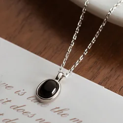 TOYOOSKY 100%S925 Sterling Silver Advanced Synthetic Black Agate Oval Necklace Minimalist Elegance Neck Jewelry Girl Gift