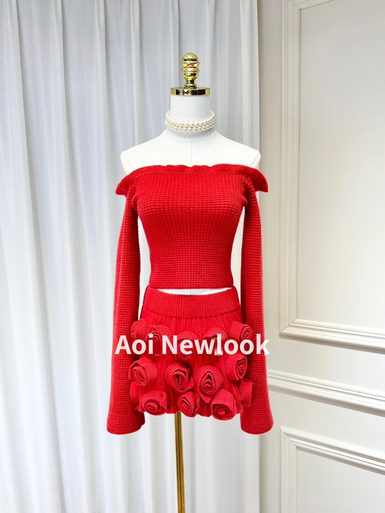 Spice Girl Red Rose Flower Suit Women's Autumn Winter New Ruffled Knitwear Sweater+Hip Skirt Slim-Fit Festival Party 2-Piece Set