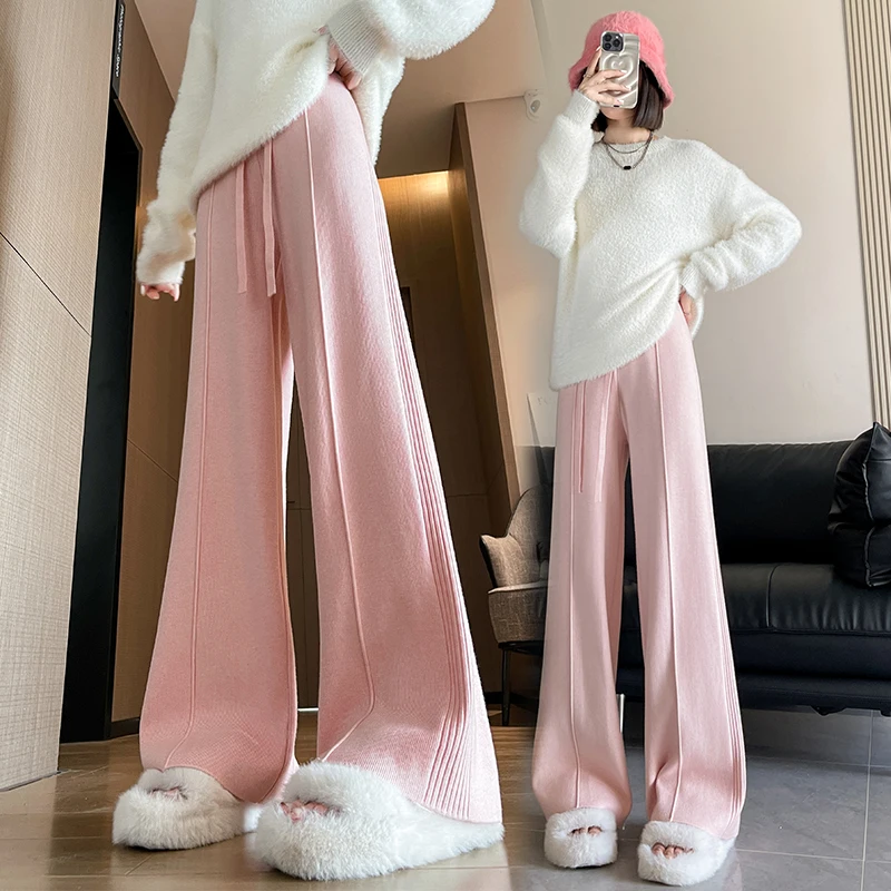 Thicked Pink Knitted Pants Women Autumn Winter New High Waist Drawstring Straight Casual Trousers Versatile Loose Wide Leg Pants