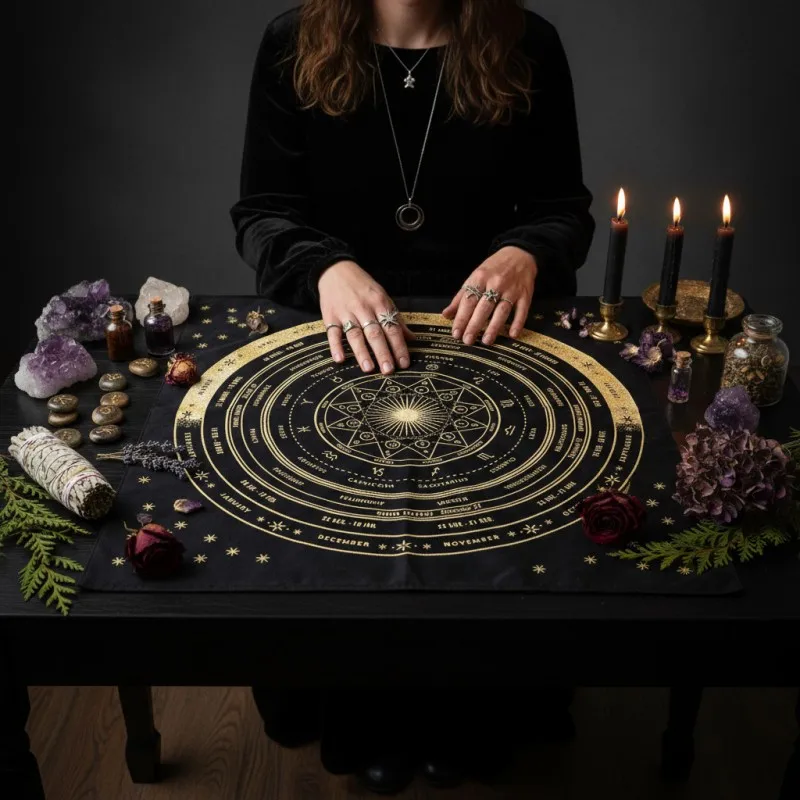 VIKAMA Black Gold Zodiac Wheel Sun Moon Star Tarot Card Tablecloth Mystical Occult Altar Cloth Divination Mat Occult Decor