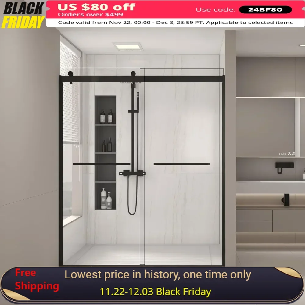 

Shower Door, 56-60 "W X 74 "H, Double Sliding Doors, Tempered Glass, Reversible Installation, Bathroom Glass Shower Door