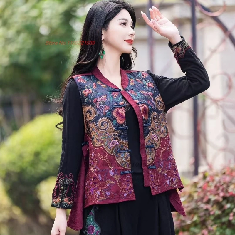 2025 chinese vintage satin jacquard folk vest national flower embroidery stand collar vest hanfu tops oriental sleeveless jacket