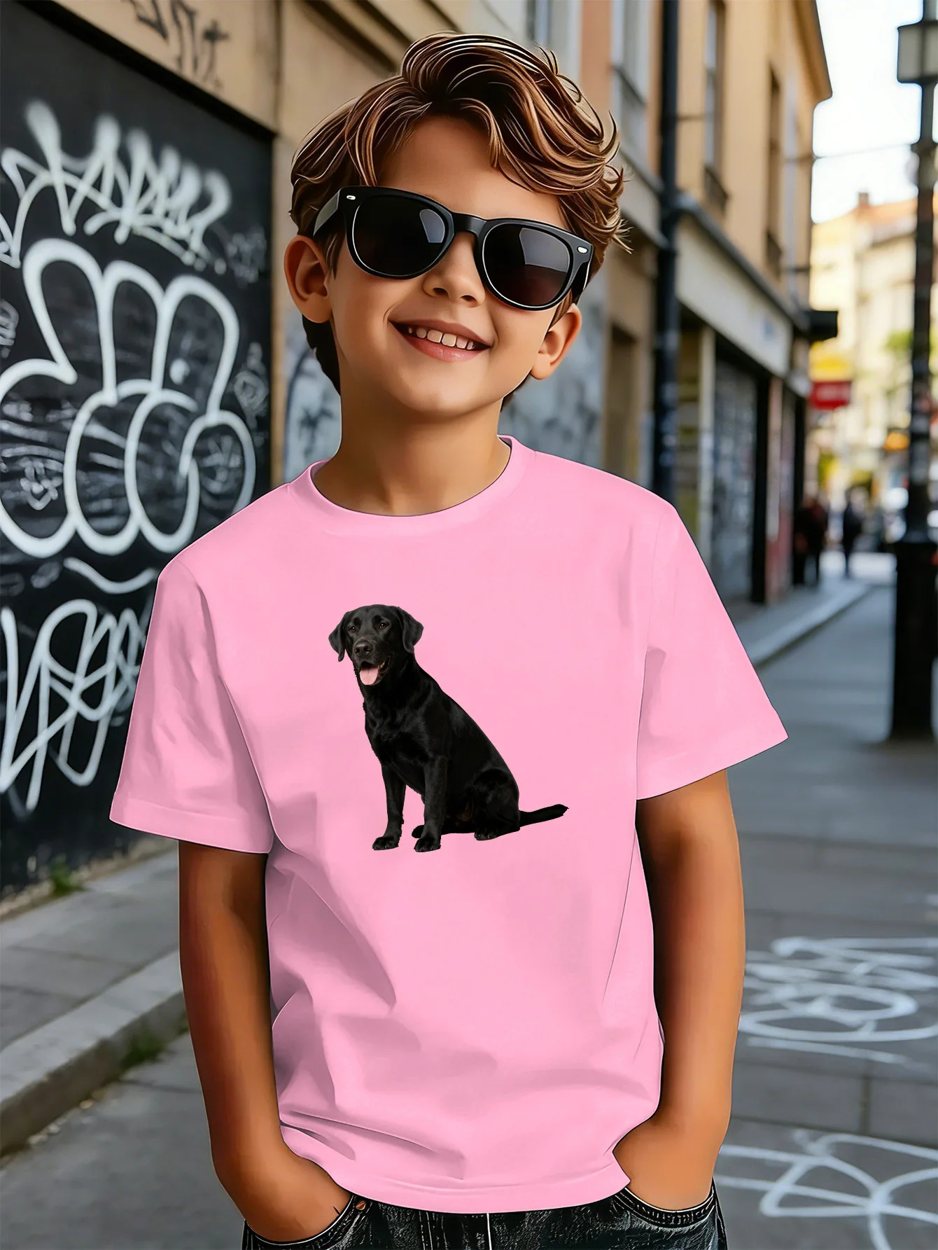 Cute Black Labrador Pet Dog Portrait Print Boys Girls Family Matching Cotton Short Sleeve Crew Neck Soft Summer Kids Casual Tees