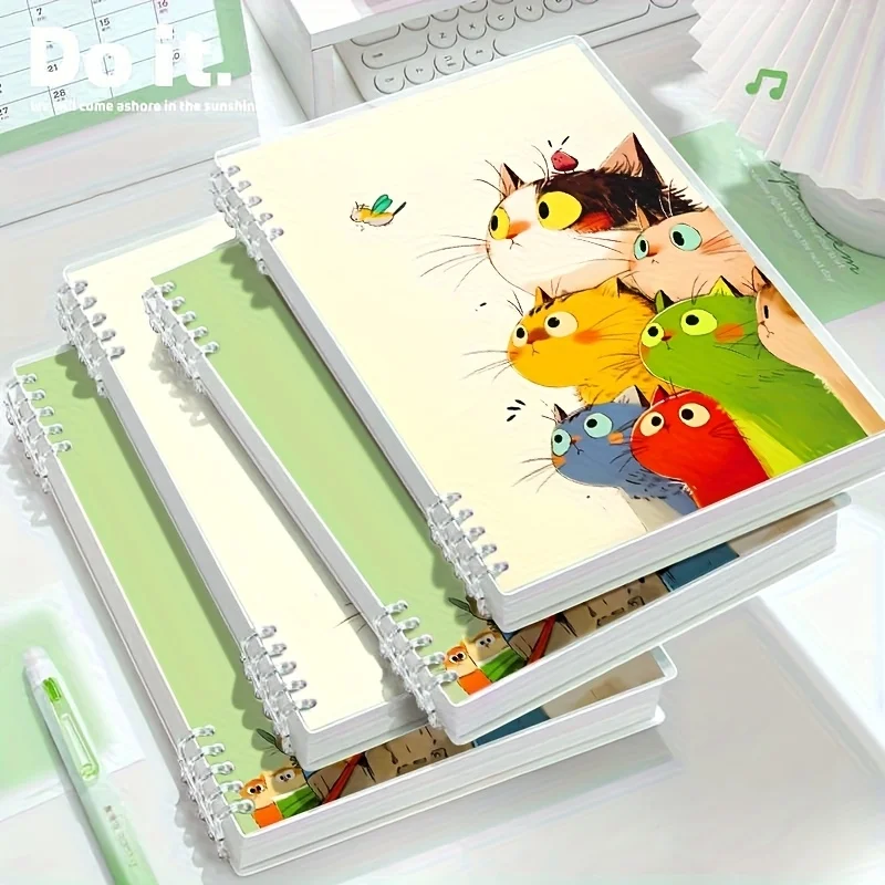 4pcs Spiral Notebook - Cute Cartoon Cat Design, 120 Pages Each, Detachable Study Spiral Binding, Suitable for School, Office
