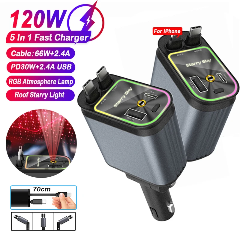 

Выдвижное автомобильное зарядное устройство для телефона 4 в 1, 120 Вт с USB C Lightning-кабелем, быстрая зарядка Starlight на крыше для телефонов IPhone Samsung