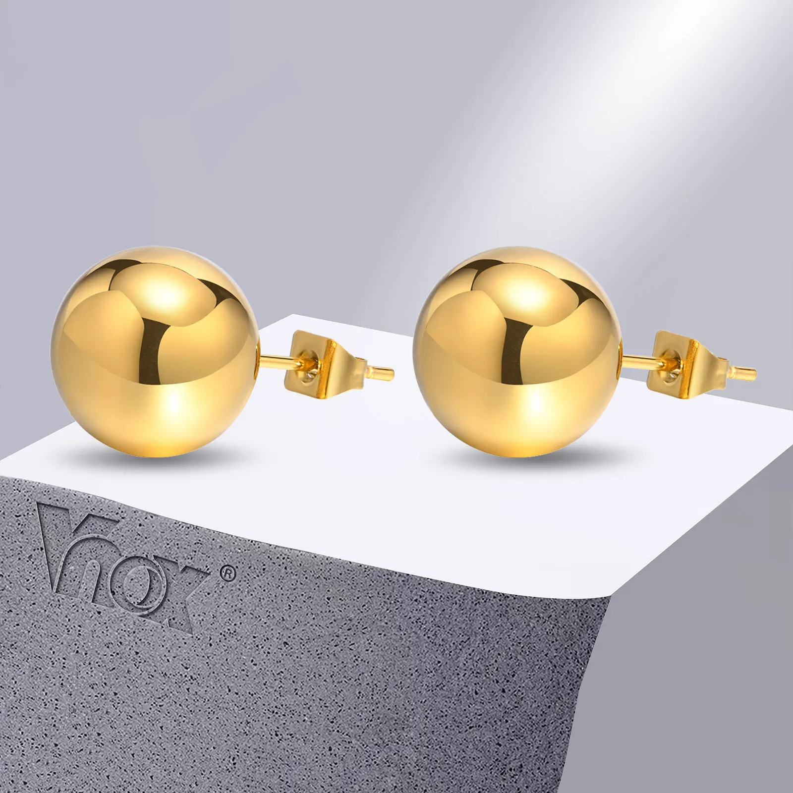 Vnox Gold Color Stainless Steel 12MM Ball Stud Earrings for Women Jewelry, Anti Allergy Metal Beads Ear Gift Accessories