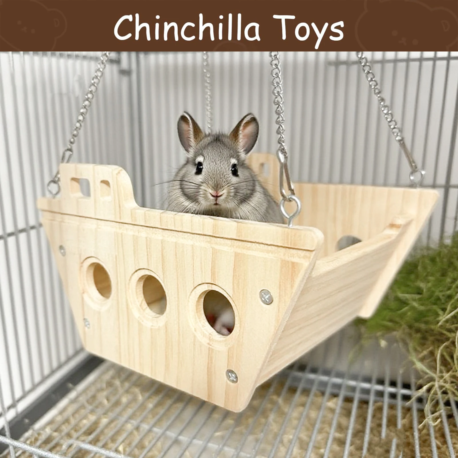 Hängematte aus Holz für Haustiere, Plattform für Kaninchen, Chinchillas, Hamster, Kiefernholz, sicher, kaubeständig, Käfigzubehör mit verstellbarer Kette – Detail 2
