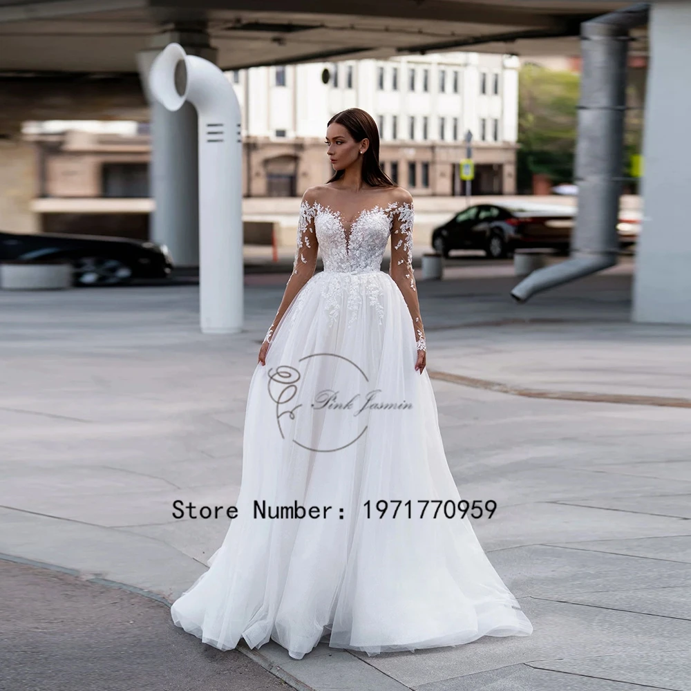 

Gorgeous Scoop Wedding Dress For Women High Quality Tulle Appliques Full Sleeves Bridal Gown Classic Button Back Vestido De