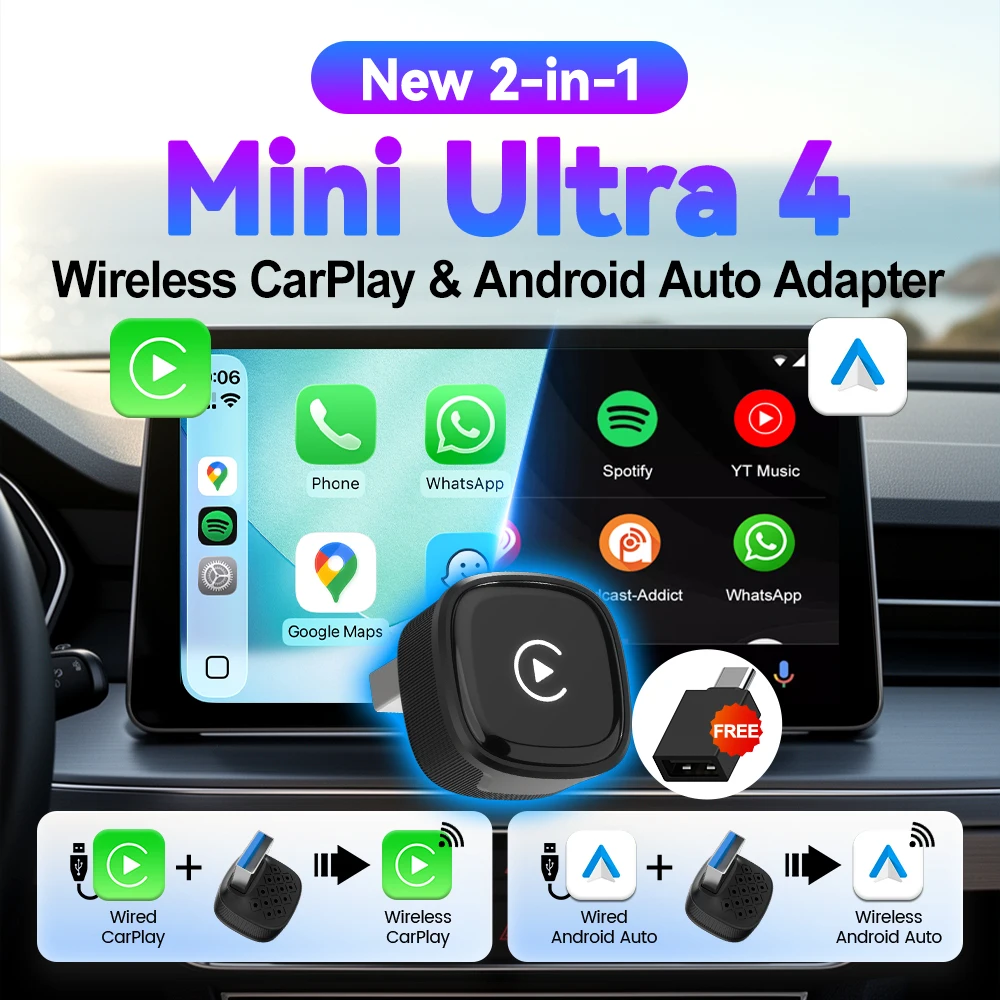 Adaptador Sem Fio Original 5.0 Mini Ultra 4, CarPlay Sem Fio, Android Auto, Plug & Play, Conexão WiFi Bluetooth, Atualização OTA