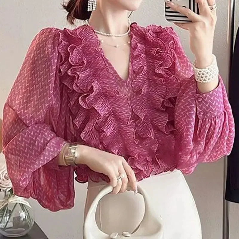 

Spring and Autumn Women's Pullover V-neck Long Sleeve Bubble Sleeve Solid Floral Striped Chiffon Shirt Fashion Casual Tops