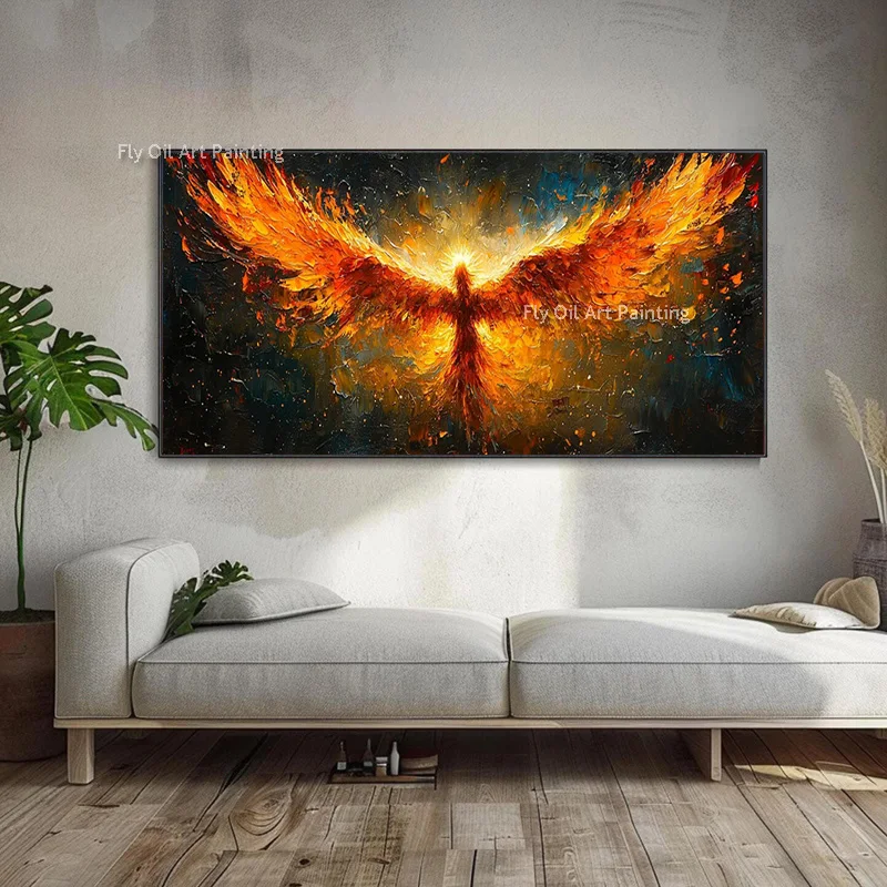 Large Handmade Black And Red Fire Phoenix Thick Oil Painting Modern Birds  Canvas Wall Art Decor For Living Room As Gifts